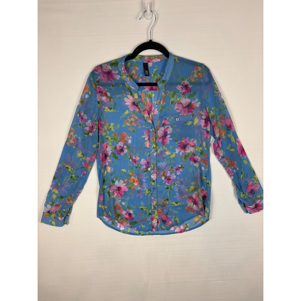 Kut from the Kloth Floral Blouse Womens Size S Blue Polyester Button Down